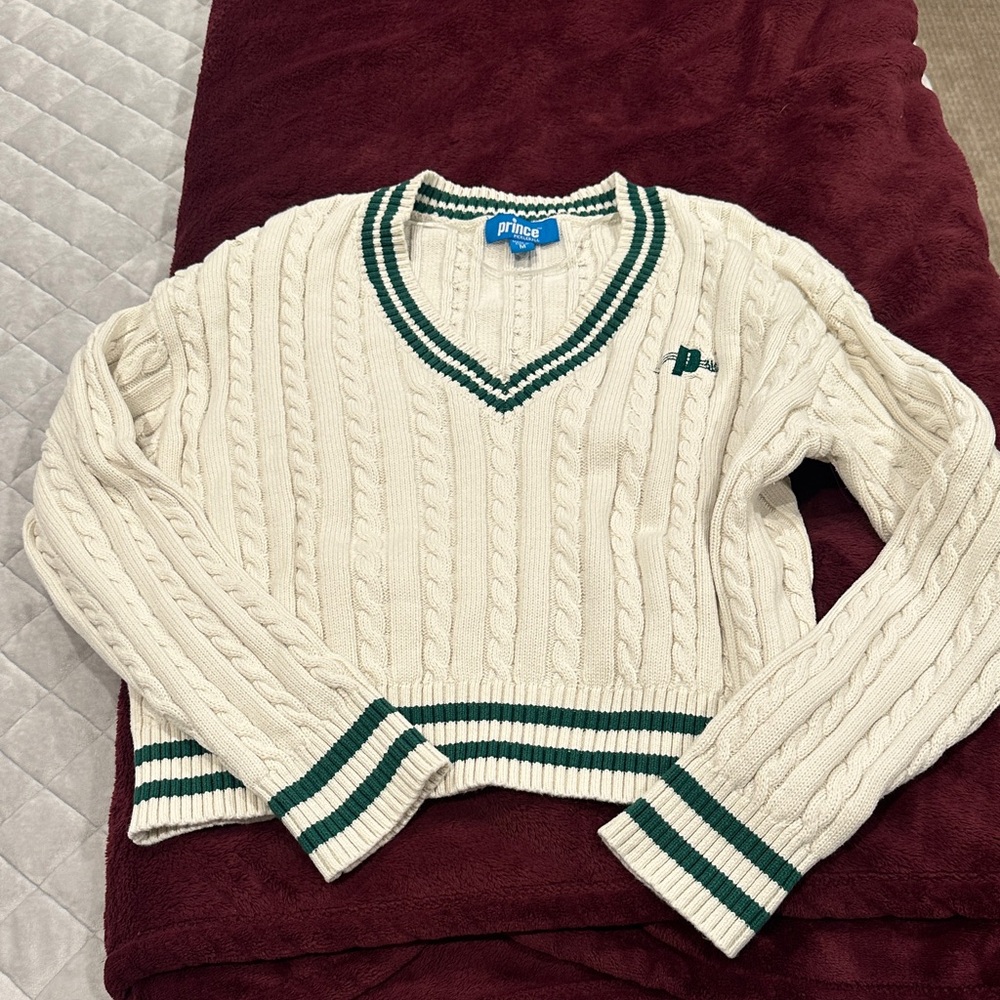 Prince Women's V-Neck Sweater in Cream with Green Trim